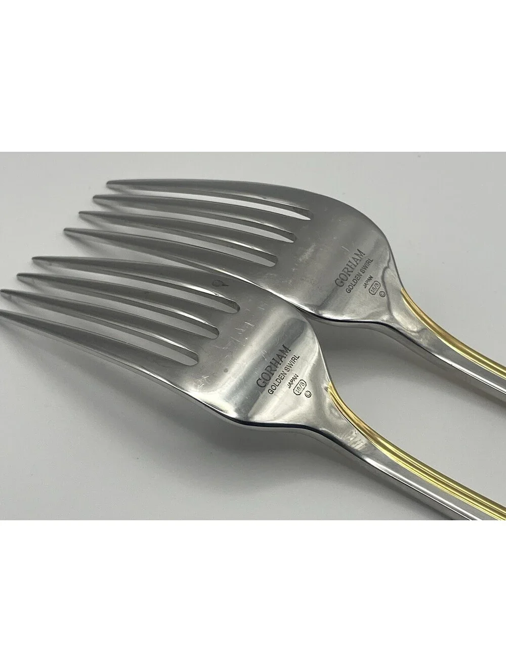 (2) Gorham GOLDEN SWIRL 18/8 Stainless Japan Dinner Fork Lot ~ 7 7/8”